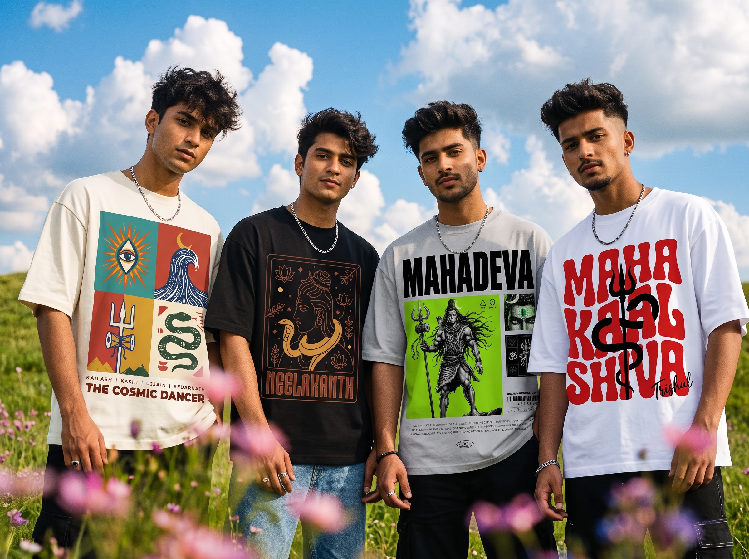 4 People Wearing Trending Shiva T-Shirt Graphics